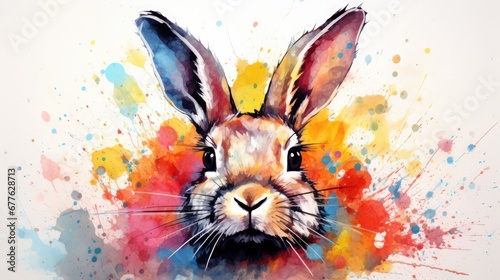  a watercolor painting of a rabbit's face with a splash of paint on the back of it's face and the front part of its face visible ears. generative ai