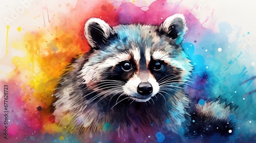  a painting of a raccoon with colorful paint splatters on it's face and a blue, red, yellow, green, pink, and blue background. generative ai