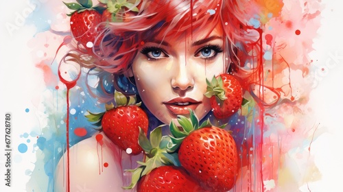  a painting of a woman with red hair and strawberries in front of her face, with splashes of paint all over her body and behind her head, and on a white background.  generative ai