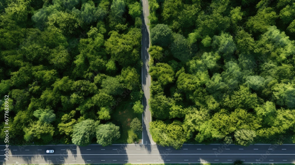  an aerial view of a road in the middle of a forest with lots of trees on both sides of the road and a car driving on the other side of the road.  generative ai