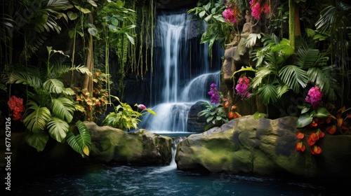  a painting of a waterfall in the middle of a jungle with lots of plants and flowers on either side of the waterfall is a blue pool with water running through it. generative ai