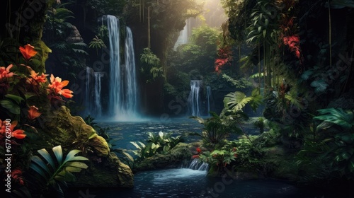  a painting of a waterfall in the middle of a forest with lots of trees and flowers on either side of the waterfall is a blue body of water surrounded by lush vegetation. generative ai