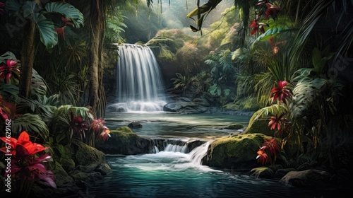  a painting of a waterfall in the middle of a forest filled with lush green plants and a stream of water running through the center of the picture is surrounded by lush vegetation.  generative ai