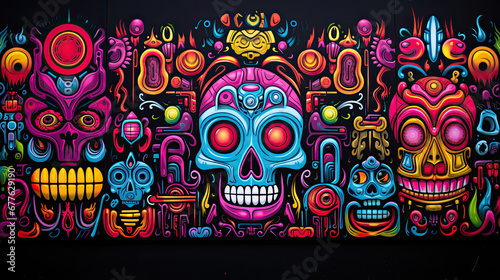 perfectly symmetrical graffiti doodle art in Tucson Street Mural, neon glowing colorful, on wall, coloring book, skull pattern, vivid colors gouache