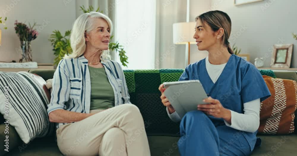 Senior, woman and nurse with tablet for consulting, communication and discussion for healthcare on sofa. Elderly, person and caregiver with touchscreen for conversation for health, report or plan Senior, woman and nurse with tablet for consulting, communication and discussion for healthcare on sofa. Elderly, person and caregiver with touchscreen for conversation for health, report or plan