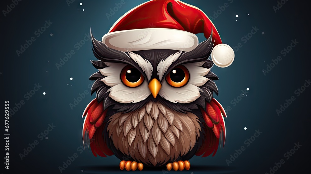  an owl wearing a santa hat sitting on top of a snow covered ground with a snowflake on it's head and a dark background with snow flakes.  generative ai