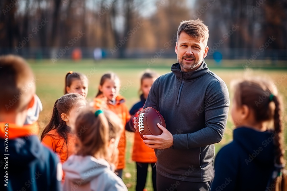 Elementary school coach playing American football with his students Elementary school coach playing American football with his students