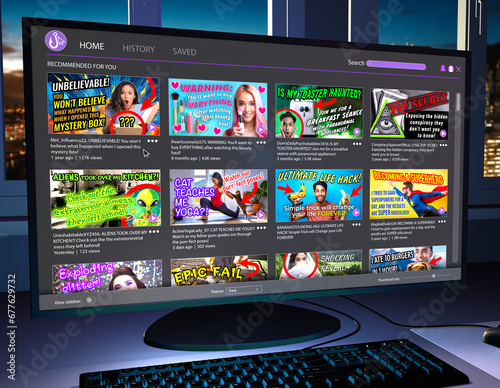 Clickbait concept. Fictitious video sharing browser on computer screen, 3D render. My own original, generic design.