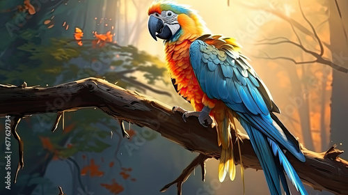 Colorful macaw parrot sitting on a branch in the jungle. Illustration