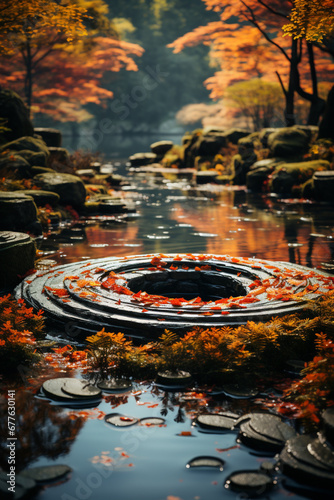 An image of a Japanese garden pond with circular ripples forming around a carefully placed stone.  
