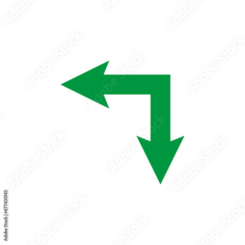 Double ended green arrow. Dual sided arrow. Corner wide shape. Vector illustration and symbol.