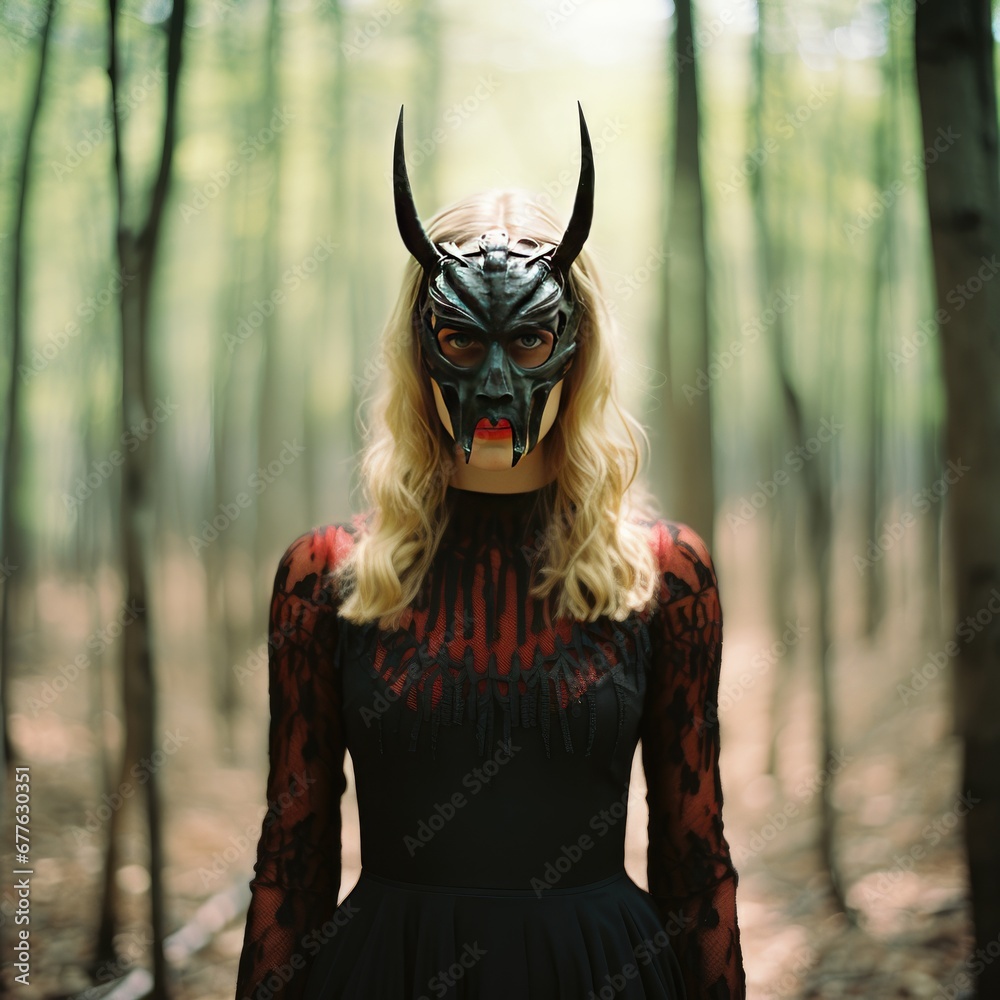 Blond woman wearing black leather devil mask with horns standing in the