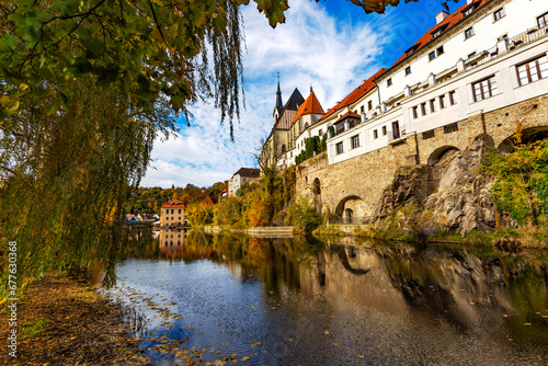 City park in Cesky Krumlov in autumn time.