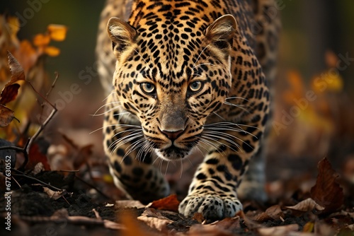 Portrait of a leopard  Panthera pardus  in the forest