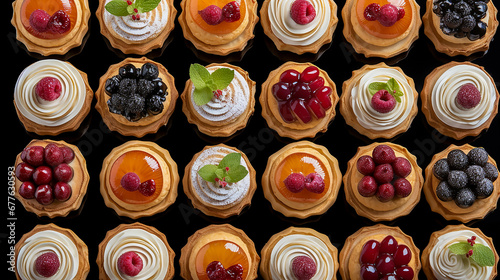 Bright colorful background of cupcakes decorated with fresh berries. Delicious and high-quality culinary products. Full frame. Close-up. Top view. © Marina_Nov