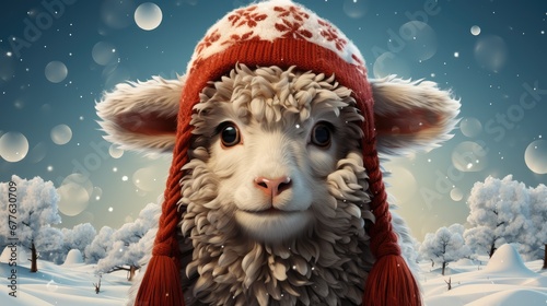  a painting of a sheep wearing a red and white knitted hat and scarf in a snowy landscape with snow falling on the ground and trees and snow falling on the ground. generative ai