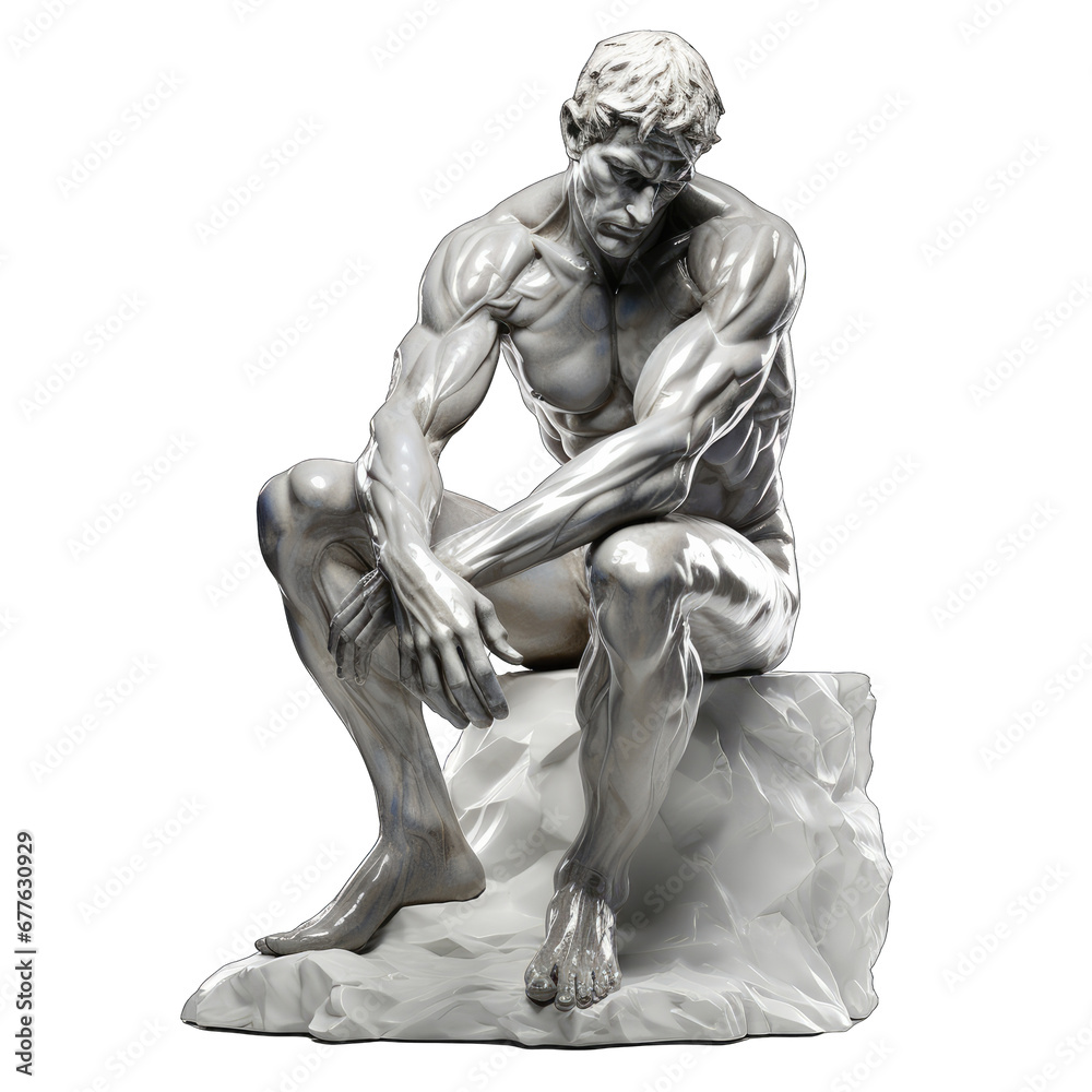 Thinking Man Sculpture Isolated on Transparent or White Background, PNG