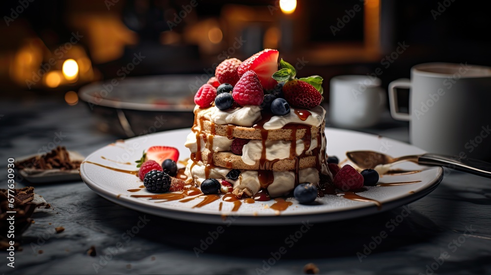  a white plate topped with a cake covered in whipped cream and berries next to a cup of coffee and a plate of strawberries and blueberries on a table.  generative ai