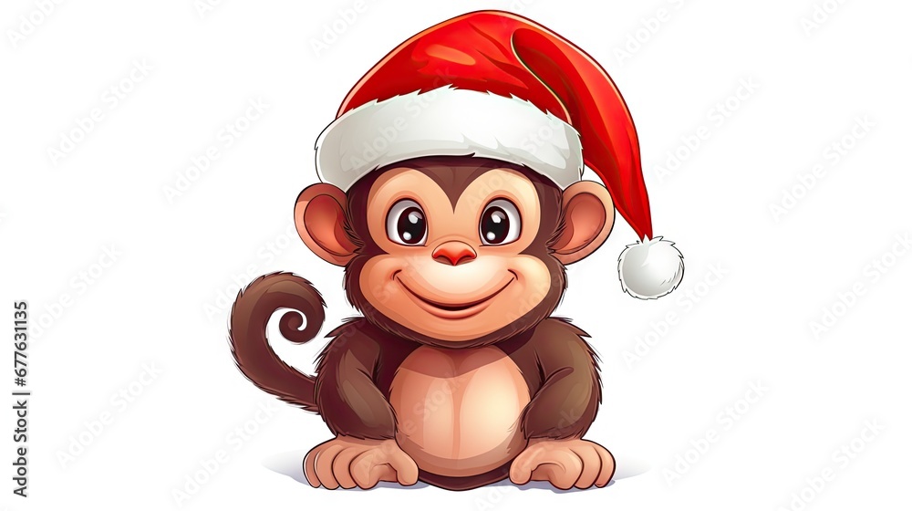  a cute monkey wearing a santa hat on a white background with a blank space for a message or a christmas or new year's card ornament for the year of the monkey.  generative ai