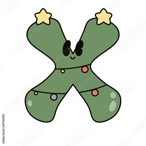 Letter X cute 60s 70s groovy retro vintage smiley green tree  cartoon font winter alphabet merry christmas xmas festive sublimation clipart
