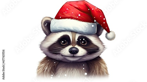  a raccoon wearing a santa hat with a snowflake on it's head and a snowflake on it's cap on its head.  generative ai © Shanti