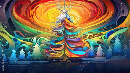  a painting of a christmas tree with a deer on top of it in the middle of a night sky with stars and swirls on the top of the trees. generative ai