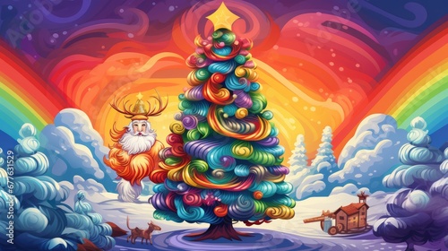  a painting of a colorful christmas tree in a snowy landscape with a rainbow - colored sky and a rainbow - colored rainbow - colored rainbow - colored sky in the background. generative ai