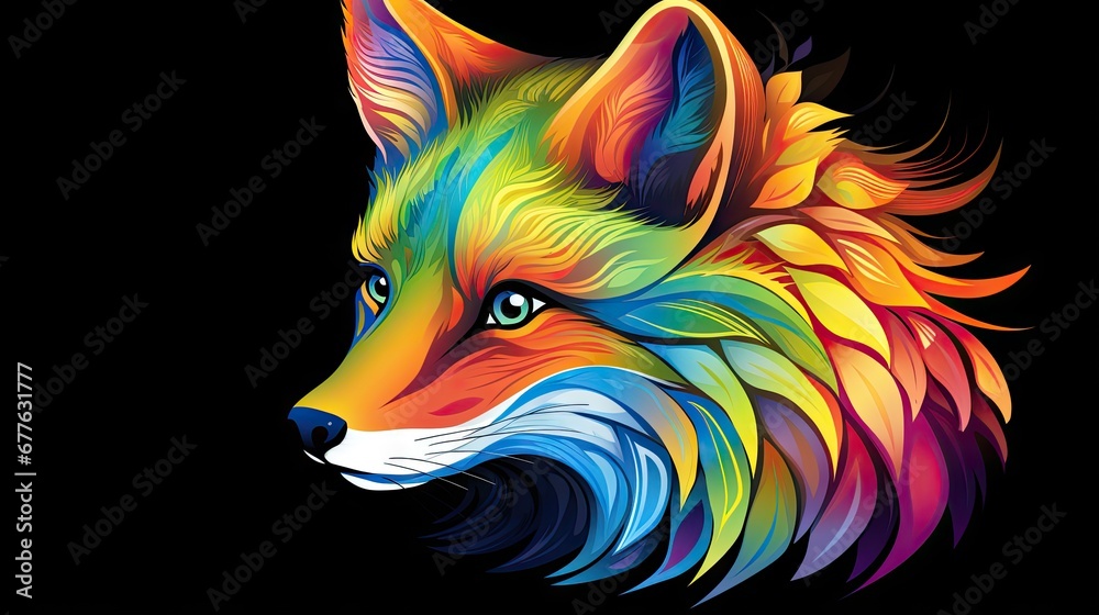  a colorful wolf's head on a black background is featured in this colorful illustration of a colorful wolf's head on a black background is featured in the image.  generative ai