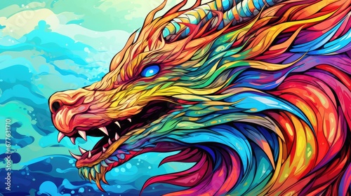  a painting of a colorful dragon with its mouth open and it's teeth wide open, with water splashes around it and a blue sky in the background.  generative ai © Shanti