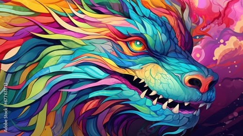  a colorful painting of a wolf's head with its mouth open and it's teeth painted with multi - colored acrylic paint on a black background. generative ai