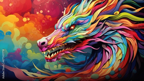  a colorful painting of a wolf with its mouth open and eyes wide open, with the colors of the rainbow and red and yellow on the left side of the wolf's head.  generative ai © Shanti
