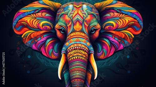  an elephant with a colorful pattern on it s face and tusks on its tusks is standing in front of a black background with a floral ornament.  generative ai