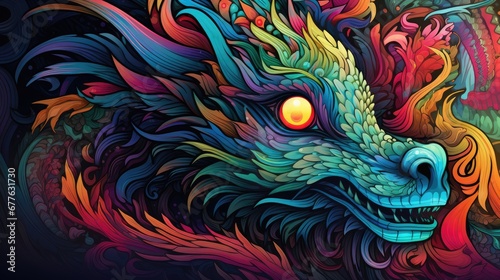  a colorful dragon's head with a glowing eye in the center of the image is a multicolored dragon's head with a glowing eye in the center of the image. generative ai
