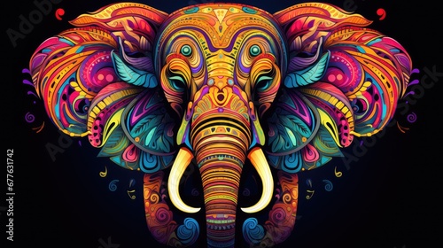  an elephant with a colorful pattern on it's face and tusks on it's head, with a black background 