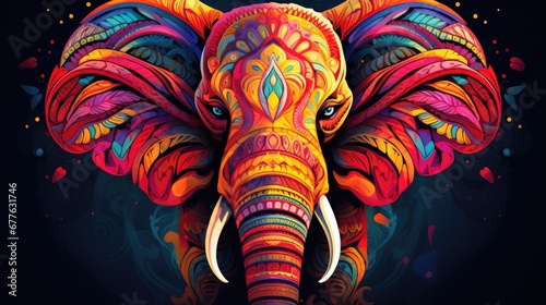  a painting of an elephant's head with a colorful pattern on it's body and tusks, with a dark background of blue, red, yellow, orange, pink, yellow, and pink, and green, and blue. generative ai