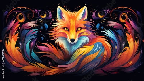  a painting of a fox with bright colors on it s face and a black background with a swirly pattern on the front of the fox s head.  generative ai