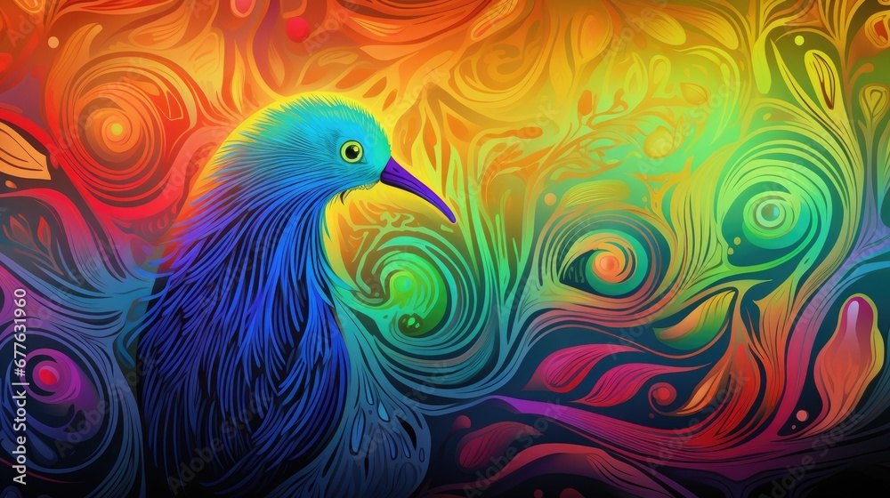  a colorful painting of a peacock with swirls and swirls on it's face and neck, with a green, blue, red, yellow, orange, and pink, and green bird's, and orange background.  generative ai