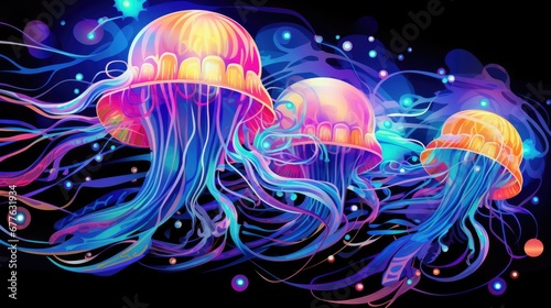  a group of jellyfish floating on top of a blue and pink ocean floor next to a black background with bubbles and bubbles in the bottom half of the water. generative ai