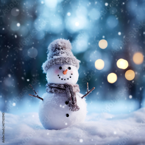 Crafted Snowman Toy on Snow with Soft Snowfall and Glowing Lights. Dark Blue Background with Bokeh. Christmas greeting card. AI Generative.