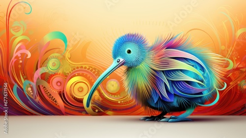  a colorful bird is standing in front of an orange and yellow background with swirls and swirls on the sides of the bird, and the bird's head.  generative ai © Shanti