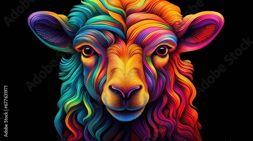  a colorful sheep's head on a black background with a black background and a white sheep's head on the right side of the image is a multi - colored sheep's head. generative ai