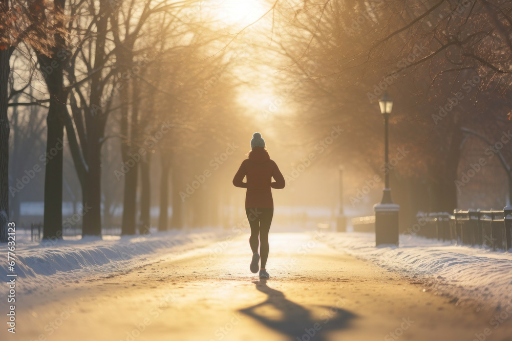 Young woman running outdoor during workout on winter day. Woman jogging in park. Active woman. Cardio training. Physical fitness. Cardio workout Young woman running outdoor during workout on winter day. Woman jogging in park. Active woman. Cardio training. Physical fitness. Cardio workout