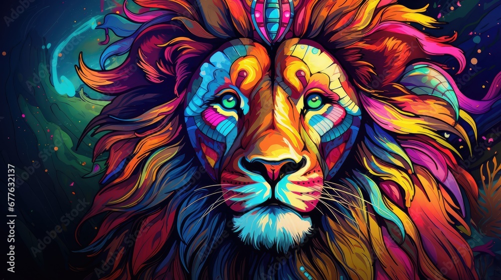  a painting of a lion's head on a dark background with a bright light coming from the top of the lion's head and the lion's head.  generative ai