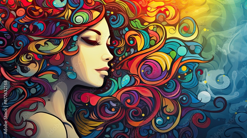 a painting of a woman's face with multicolored swirls on her hair and her eyes closed to the side, with a rainbow background a painting of a woman's face with multicolored swirls on her hair and her eyes closed to the side, with a rainbow background