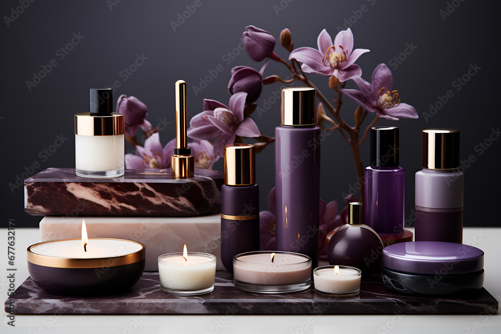 purple mock up packaging for cosmetic and amenities mood tone board
