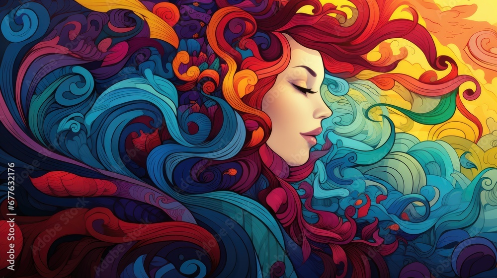 a painting of a woman's face with long red hair and colorful swirls on the side of her face, with her eyes closed and her eyes closed.  generative ai