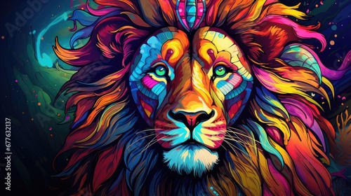  a painting of a lion s head on a dark background with a bright light coming from the top of the lion s head and the lion s head.  generative ai