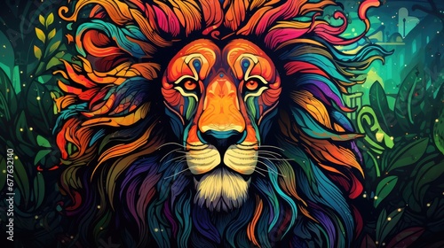  a painting of a lion's head with multicolored lines on it's face and a green, blue, yellow, red, orange, and purple, and green background. generative ai