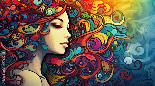  a painting of a woman s face with multicolored swirls on her hair and her eyes closed to the side  with a rainbow background 