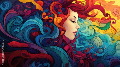  a painting of a woman's face with long red hair and colorful swirls on the side of her face, with her eyes closed and her eyes closed. generative ai